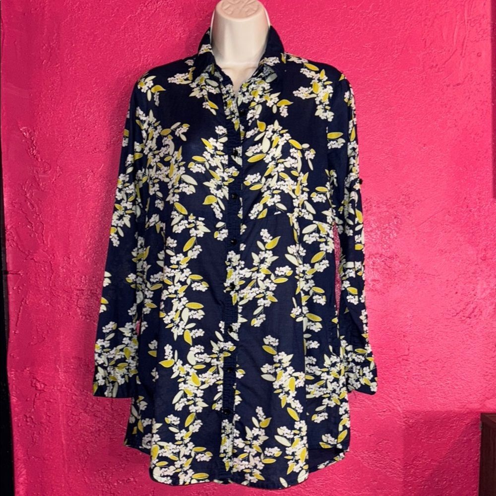 Chloe navy, yellow, blue floral button down cotton blouse.